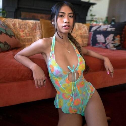 Casual Mesh Floral Print Backless Bodysuit Women Sleeveless Bodycon Tank Workout Overalls Summer Cute One Piece Outfits