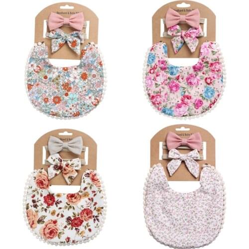 3Pcs/Set Baby Bows Headband Bibs Flower Printing Feeding Saliva Towel Scarf Double Side Toddler Burp Cloth Hair Accessories