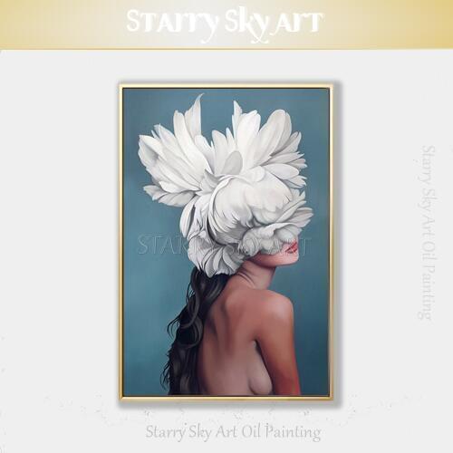 Artist Hand-painted High Quality Beautiful Lady with Flowers Oil Painting on Canvas Girl Oil Painting for Salon Wall Decoration