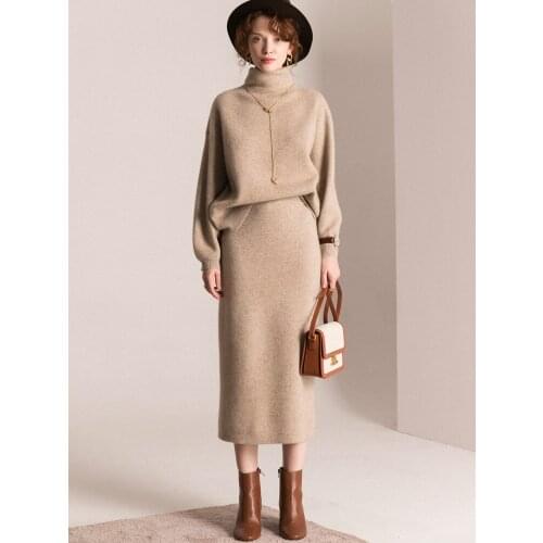 Loose turtleneck cashmere skirt female cashmere suit skirt two-piece suit 100% Cashmere suit Women Cashmere Sweater