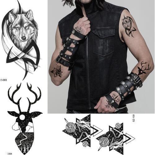 Tough Guy Temporary Tattoo Cool Body Art Painting Men Arm Totem Tattoo Stickers Women Wolf Elk Neck Fake Tatoos Geometric Planet