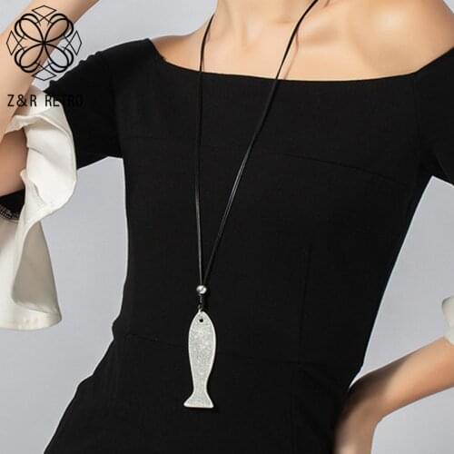 Vintage Fish Long Necklace for Women Jewelry Gold Silver Color Suspension Jewelry necklace & pendants Black Rope Chokers Chunky