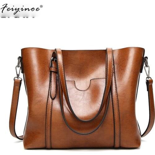 Women Bag Oil Leather Womens Leather Handbags Luxury Lady HandBags With Purse Pocket 2019 Women Messenger Bag Big Tote Sac Bols