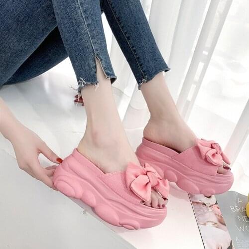 Big Bowtie Woman Beach Flip Flops 2021 New Summer Outside Sandals Slip- Resistant Slippers Platform Sandals Thick Sole Slippers