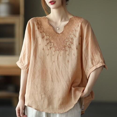 Johnature Women Vintage Shirts Ramie Embroidery V-Neck Short Sleeve Hollow Out Blouse 2021 Summer New Solid Color Loose Shirts