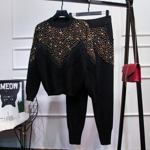 2020 Winter Tassel Sweater Set women Long Sleeve Knitted Pullover Tops+Trousers Tracksuit women Fashion Two piece set Autumn