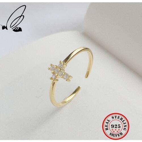 Cross Open Ring 925 Sterling Silver Gold Color Ladies Zircon Vintage Resizable Rings Fashion Jewelry For Women Anillos Mujer