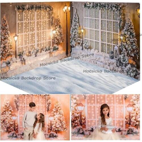 Winter Snow Windows Backdrop for Photography Glitter Light Christmas Tree Snow Background for Photo Studio Photocall Decorations