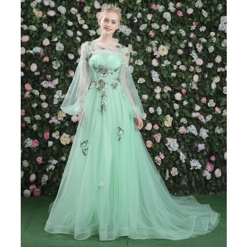 100%real luxury light green embroidery beading bubble barcoque cosplay gown medieval dress Renaissance queen Belle long dress