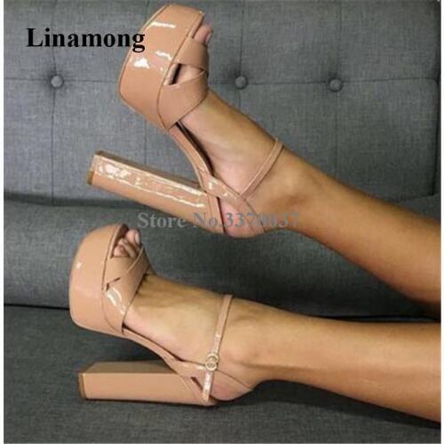 Women Sexy Patent Leather High Platform Chunky Heel Sandals Shining Nude Open Toe Thick High Heel Sandals Dress Heels