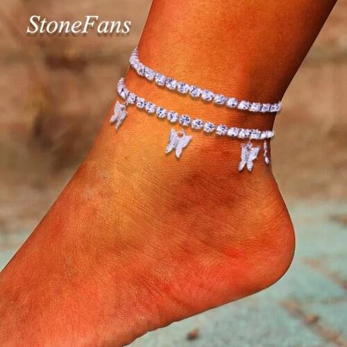 Stonefans 2Pcs/Set Rhinestone Butterfly Anklets for Women Wholesale Holiday Accessories Pendant Ankle Bracelet Summer Jewelry
