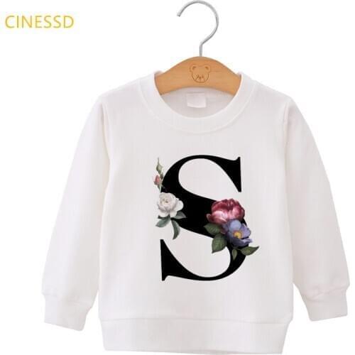Cute flowers letters Alphabet print white O-neck hoodies for children autumn winter thick clothes tops sweatshirt girls jumper