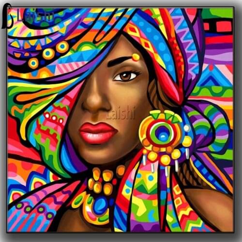 Full square round diamond painting Doodle colored African woman mosaic diamond rhinestones diamond embroidery cross stitch mosai