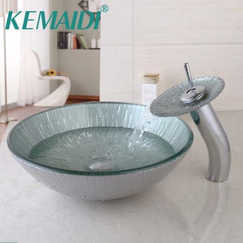 KEMAIDI UK Free Shipping Glass Tap+Bathroom Glass Sink Hand-Painted Waterfall Glass Basin Sink Faucet Set Torneira Mixer Faucet