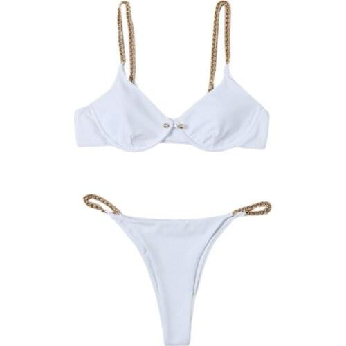 Bikini Set Solid Color Chain Clause Multi-Size Popular Split Swimwear 2 Pcs With Chest Pad Without Steel Support Women
