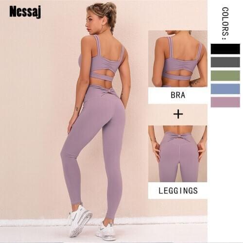 Nessaj Bow Fitness Set Outfit For Women 2 Piece Gym Suit Push Up Bra+High Waist Leggins Sets Workout Clothes Nylon Tracksuit