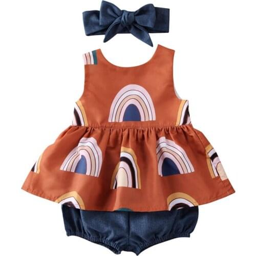 Wallarenear New Fashion Toddler Baby Girl Summer Clothing Set Sleeveless Rainbow Printed Top Dress Solid Shorts 3Pcs Outfit