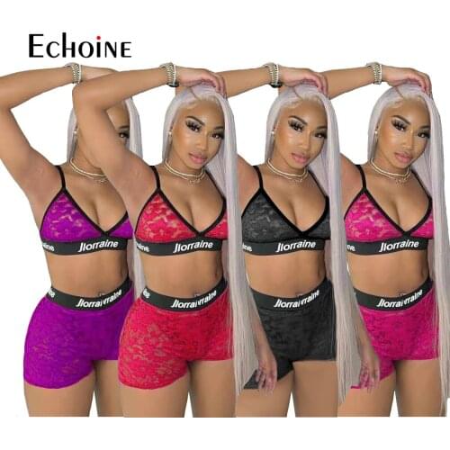 Echoine 2021 Womens Sexy Lingerie Lace Bra Shorts Mesh Underwear 2 Piece Set Ladies Erotic Nightwear Transparent Sleepwear Set