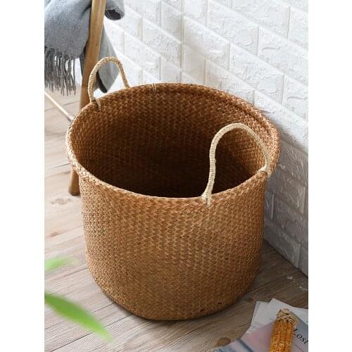 Clothes Basket, Large Size Woven Straw Storage Basket, Round Rattan Knitting Laundry Bucket, Hand-held Toy Storage Bucket