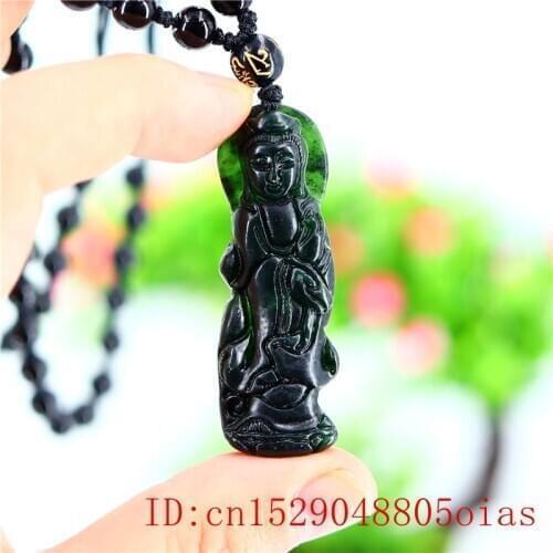 Jade Guanyin Pendant Carved Charm Necklace Chinese Amulet Jewellery Fashion Natural Gifts Black Green