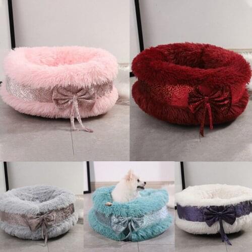 New Pet Dog Bed Luxury Bowknot Decoration Fluffy Round Cat Beds House Soft Long Plush Bed Dog Basket Animals Sleeping Sofa