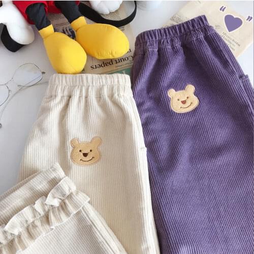 Autumn and winter Japanese soft girl retro cute bear Korean version of loose corduroy nine-point wide-leg pants female student