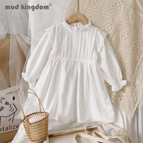 Mudkingdom Girl Princess Dress Solid Lace Neck Long Puff Sleeve Ruched Drop Shoulder Dresses for Toddler Spring Autumn Clothing