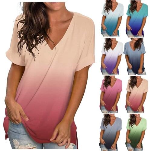 Plus Size Women Cotton Blouse Short Sleeve Shirt V-neck Summer Solid Gradient Loose Street Tee Shirt Casual Tops and Blouses