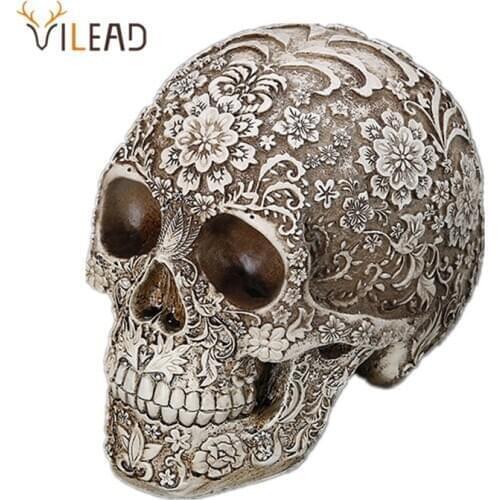 VILEAD 20cm Carved Skull Resin Craft White Skull Head Halloween Party Decor Skull Sculpture Ornament Home Decoration Research