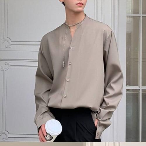 Fashion Men Shirt V Neck Long Sleeve Streetwear Solid Color Korean Casual Irregular Shirts 2021 Button Loose Camisas