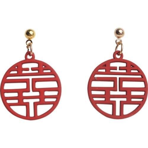 S925 Silver Needle New Hi Word Blessing Red Chinese Style Text Hollow Double Hi Earrings Jewelry Crystal Earrings Women Earrings