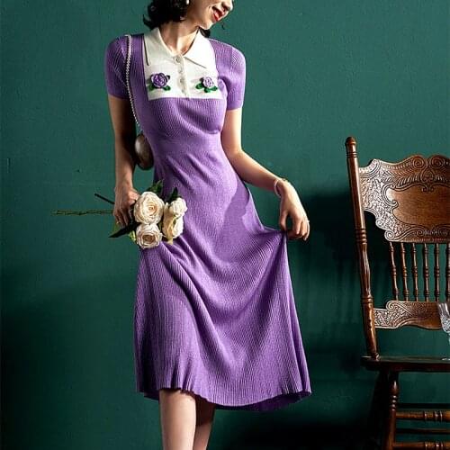 Chic Korean Slim Elegant Summer Floral Appliques Dresses Short Sleeve Wrap Hip Knitted Dress Lady Bodycon Summer Dresses SY193