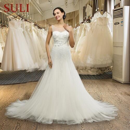 SL031 Elegant Cheap Sheer Neckline Long Backless Crystal Wedding Dresses