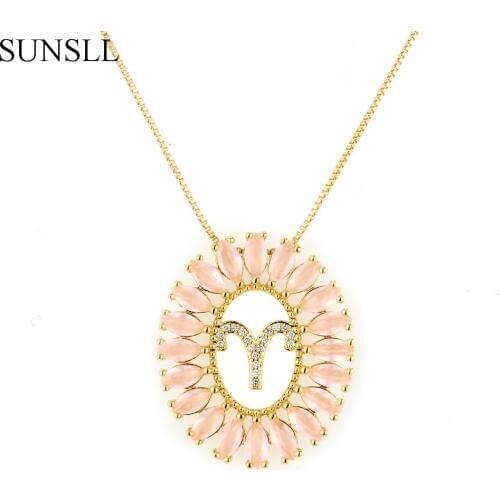 SUNSLL Golden Color Copper Pink Cubic Zirconia 12 Constellation Pendant Necklaces Womens Fashion Jewelry Cobre CZ Colar