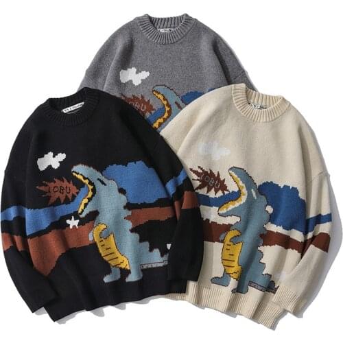 Sweater Men Harajuku Fashion Hip Hop Streetwear Cartoon Dinosaur Jacquard Pullover O-neck Oversize Casual Couple Male Sweaters