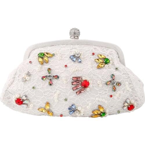 Chinese Style Embroidery RHinestone Beaded Evening Bag Elegant Ladies Vintage Wedding Bag Bride Mini Pearl Chain Totes Handbag
