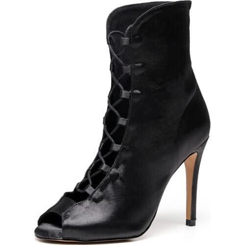 Salsa Tango Ballroom Outdoor Plus Size Women Latin Dancing Shoes Woman Tap Heel Dance Boots Satin Black