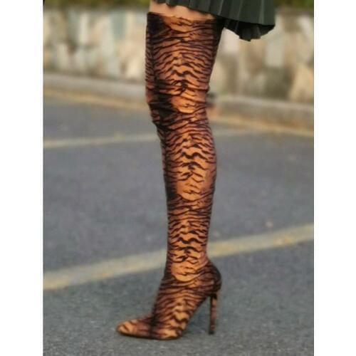 TIMETANG 2020 New Arrival Sexy Tiger Skin Pointed Toe High Heel Thigh Boots Over the Knee Women Long Boots Free Shipping