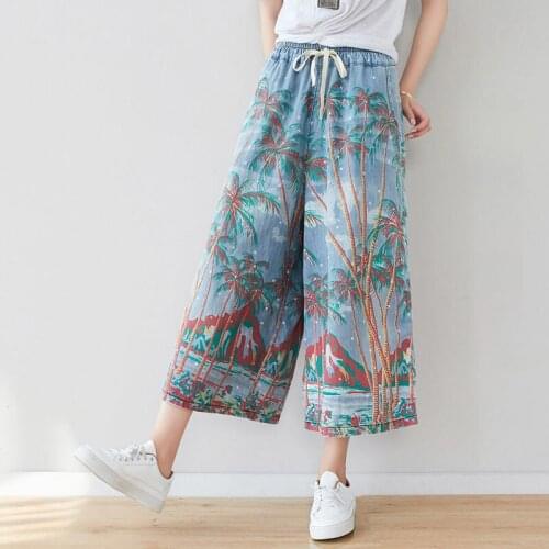 Retro Floral Denim Wide-leg Pants Women Loose Nine-point Trousers Korean Elastic Waist Casual Pants Spring and Summer Jeans K177