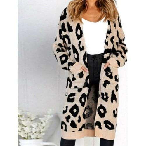 Women Open Front Long Sweater Cardigans Fashion Casual Loose Leopard Long Sleeve Knit Coats Autumn Outwear Jumper Khaki Green