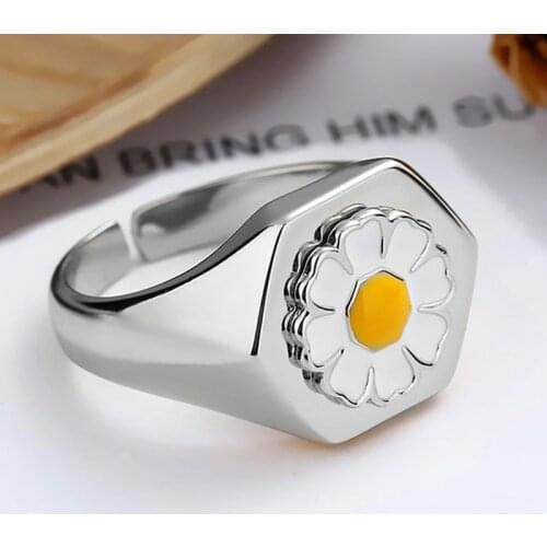 Foxanry 925 Sterling Silver Width Ring for Women Hot Sale Fashion Creative Drop Glaze Daisy Flowers Elegant Bride Jewelry Gifts