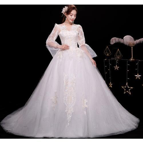 Luxury Trailing Wedding Dress Lace Up Bride Simple Dream Long Sleeve Train Wedding Dresses Bridal Embroidery Dresses Ball Gowns
