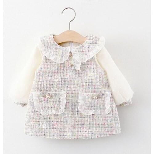 0-3Y Autumn Princess Girls Party Dress Long Puff Sleeve Peter Pan Collar Lace Ruffles Pocket A-Line Dress