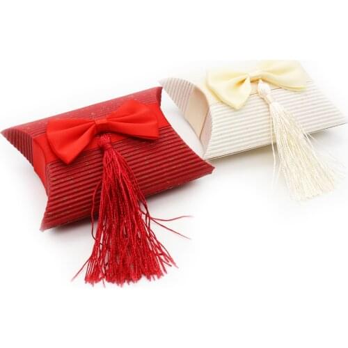 10pcs Wedding Favor Tassel Candy Box with Bow Knot Red Beige Paper Gift Boxes Baby Shower Birthday Party Favour Chocolate Box