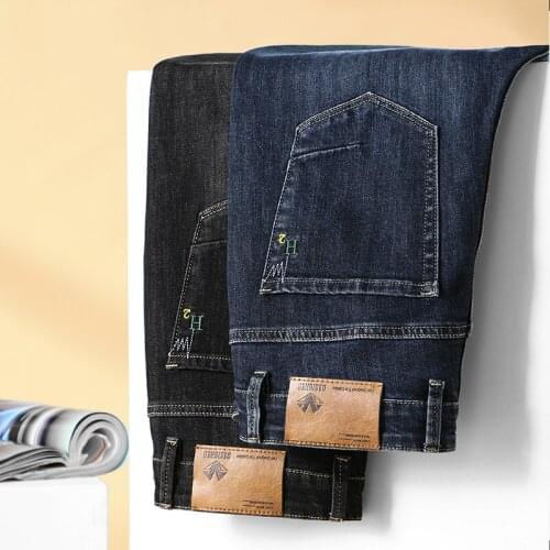 2021 Autumn Winter Brand High-quality Fitted Straight Business Jeans Classic Embroidery Youth Mens Stretch Denim Jeans