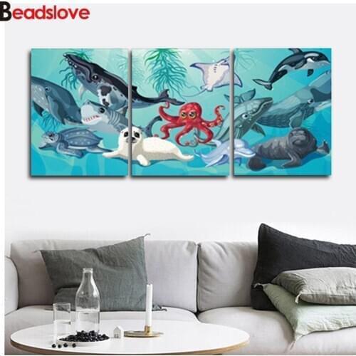 Diamond embroidery Cartoon Octopus Seal Sea Animals full round diamond painting mosaic home decor DIY rhinestone decor 3 pcs
