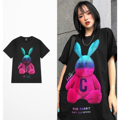 New Fashion Overysize T Shirt Men Funny Men Cartoon Rabbit Print T Shirts Men And Women 100% Cotton Ins Lovers Couple Short Tee