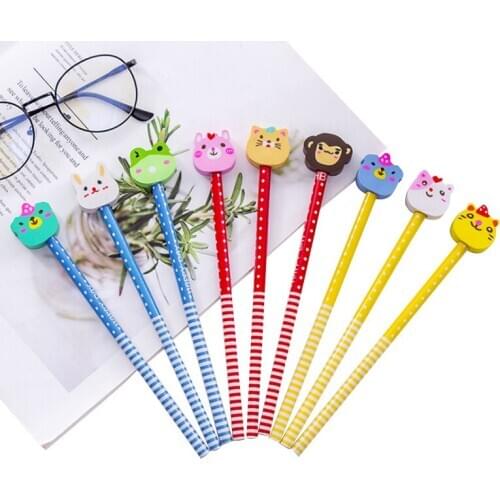 3pcs reative Cartoon Animal Wood Pencil Eraser Pencil New Standard Child Student Learning Stationery School Office Supplies