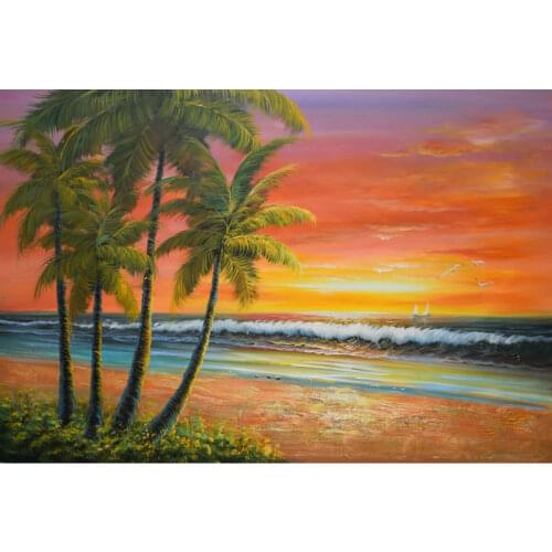 HandPainted Modern Beach Sea Wave Seascape Oil Painting on Canvas Palm Trees Beach Painting Wall Painting Picture for Room Decr