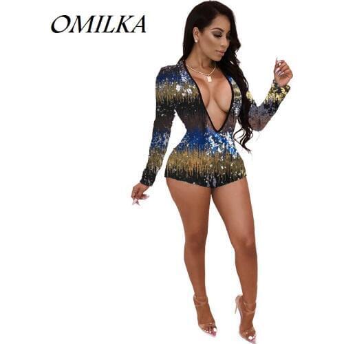 OMILKA Long Sleeve V Neck Sequin Gradient Color Playsuits Sexy 2018 Autumn Women Bodycon Club Party Short Rompers and Jumpsuits
